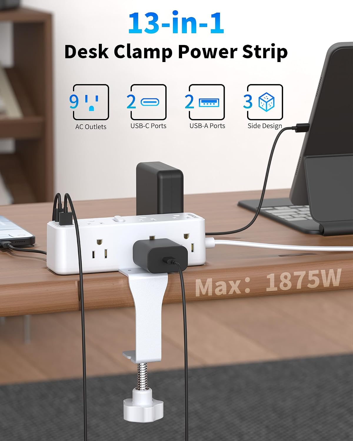 Regleta carga escritorio 9 salidas 4USB comp mesa 2.75pulg