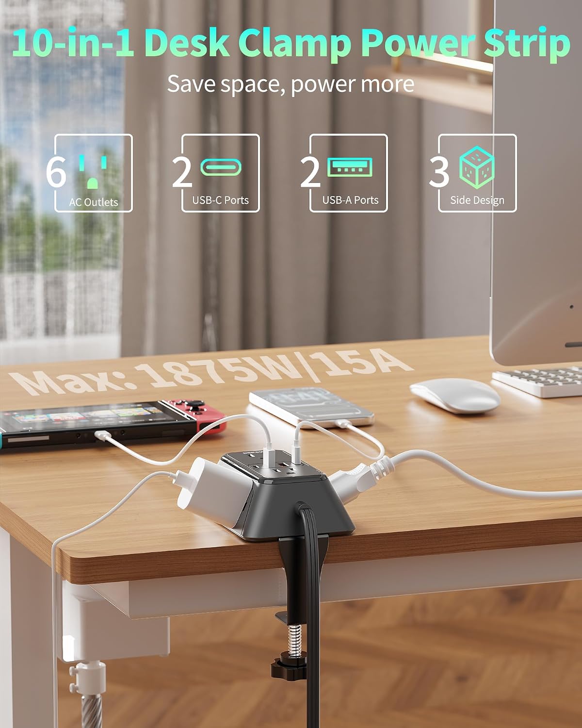 Regleta escritorio 10ft 6 salidas CA 4 USB adaptador borde mesa