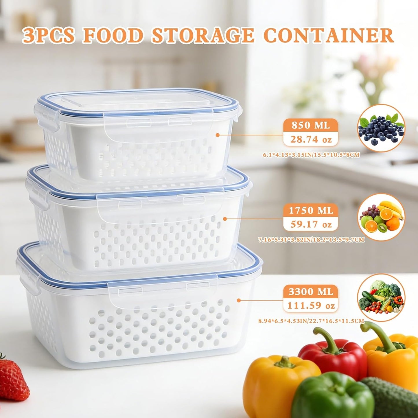 Contenedores de almacenamiento 4 en 1 para refrigerador con colador y cesta de drenaje