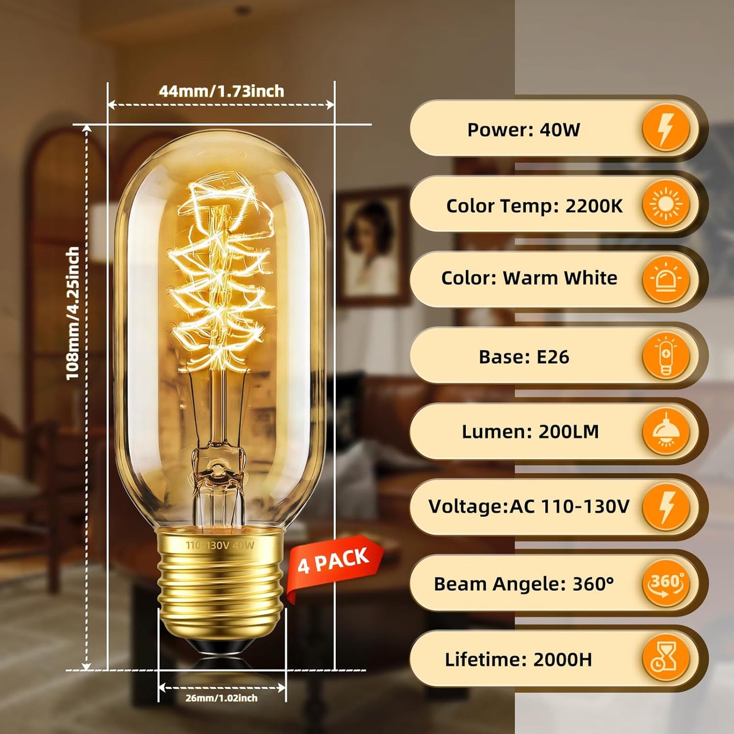Bombilla Edison T45 E26 regulable filamento vidrio ambar 2200