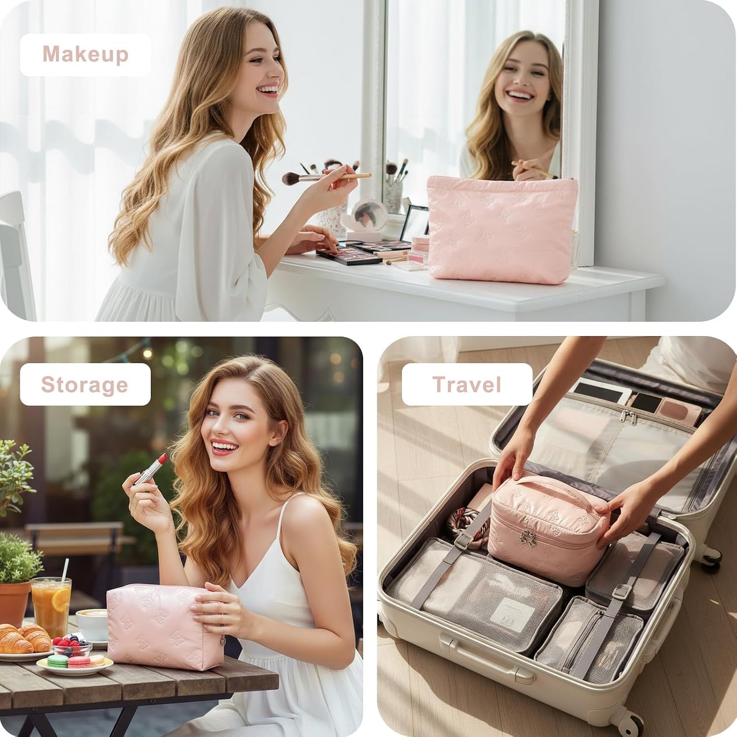Bolsas cosméticos con bolsillo malla portátil 3PCS Rosa
