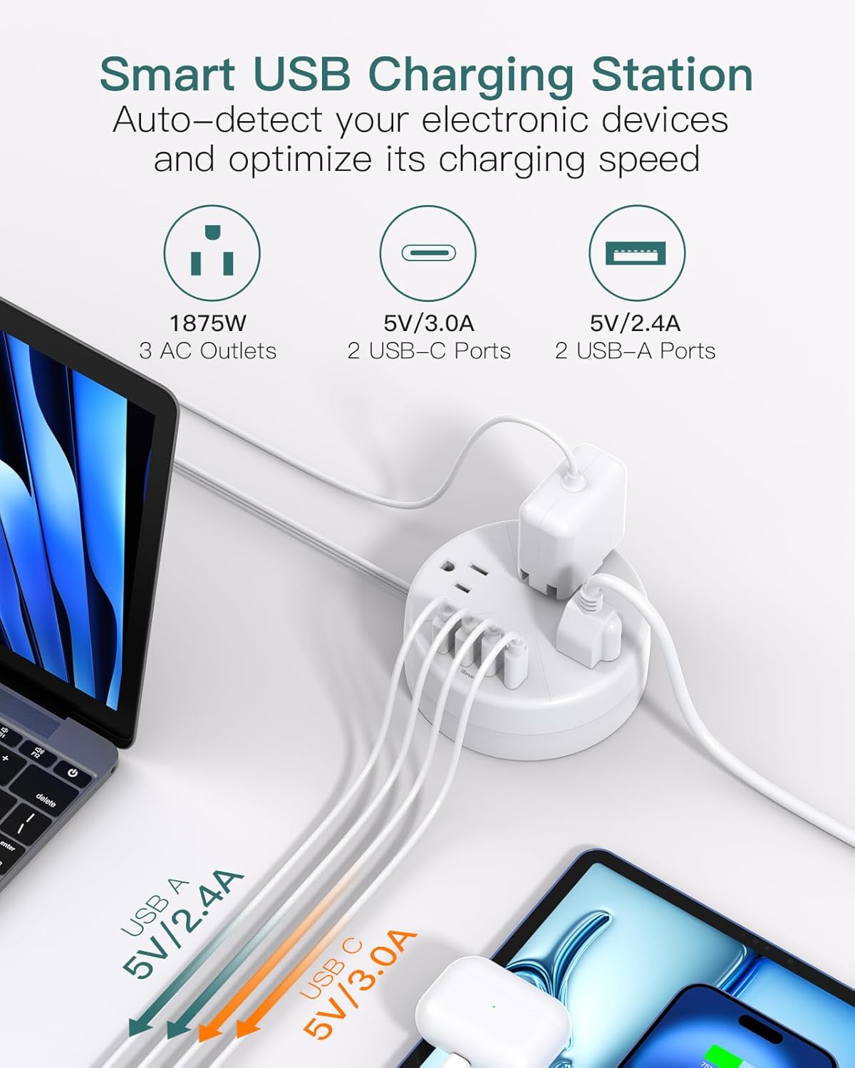 Regleta alimentación crucero 5ft 3 tomacorrientes 4 USB