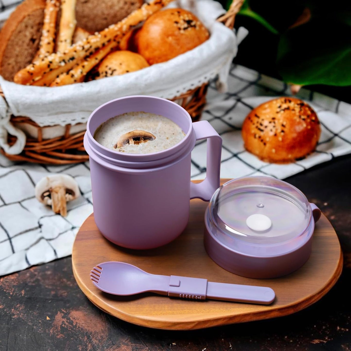 Taza sopa microondas con tapa cuchara plegable 17.63oz lila