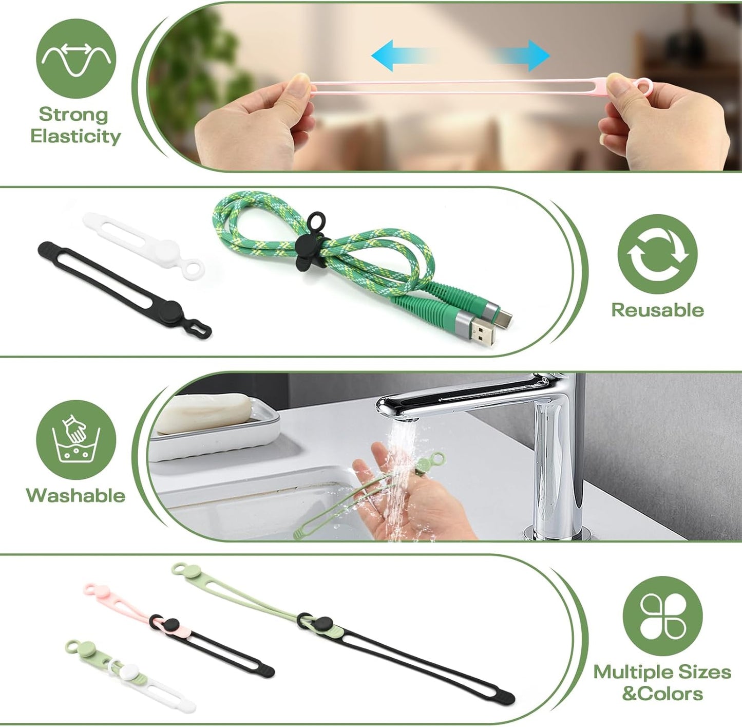 Organiz. cables silicona reutilizable 24uds negro