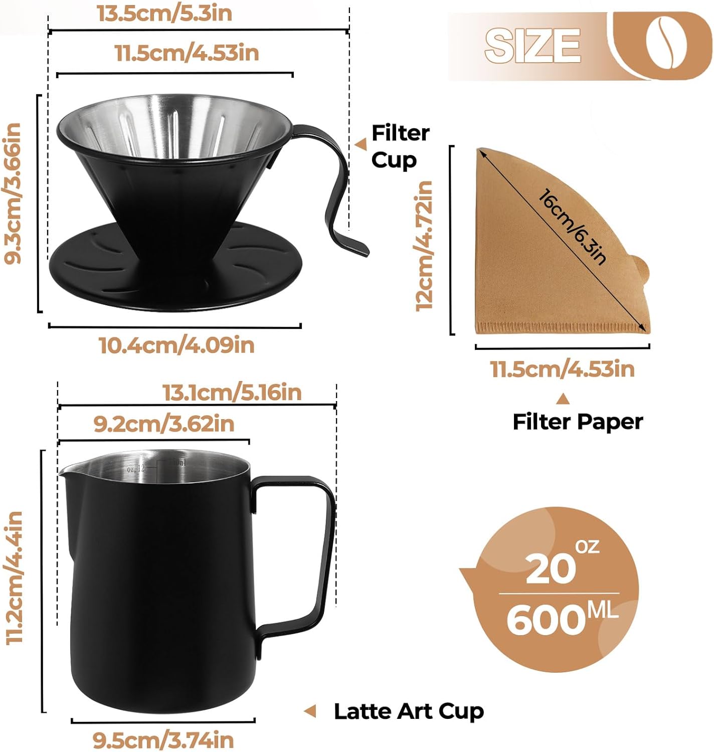 Jarra de espuma de leche acero inoxidable 304 20.3 fl oz juego cafetera goteo con 50 filtros V60