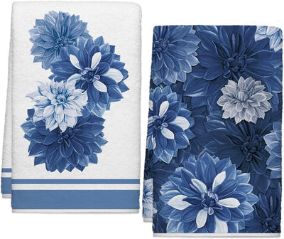 Toallas de cocina y cortina de ducha con flores de dalia azul marino