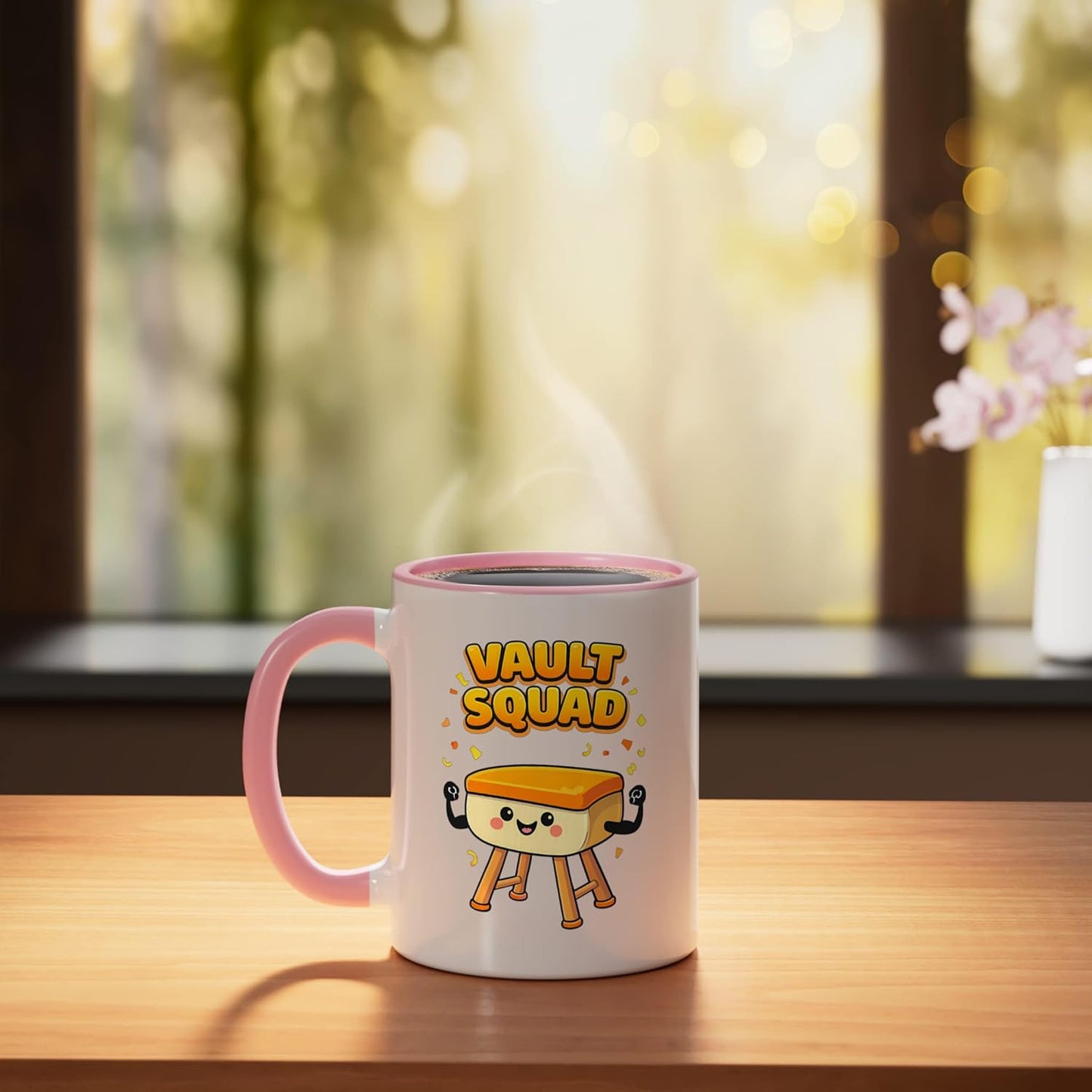 Taza cerámica kawaii para gimnasia Vault Squad rosa/blanca