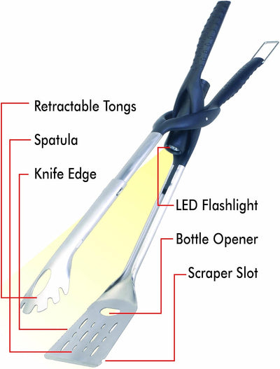 Herramienta parrilla 6en1 con linterna LED espátula pinzas cuchillo