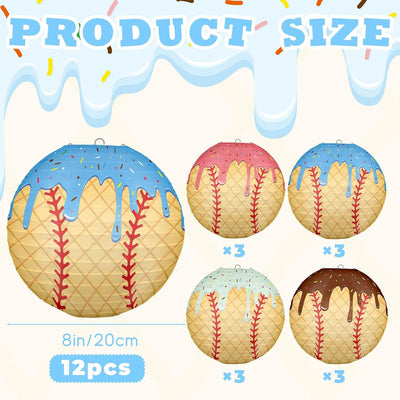 12 Linternas Papel Goteo Helado Béisbol para Fierras