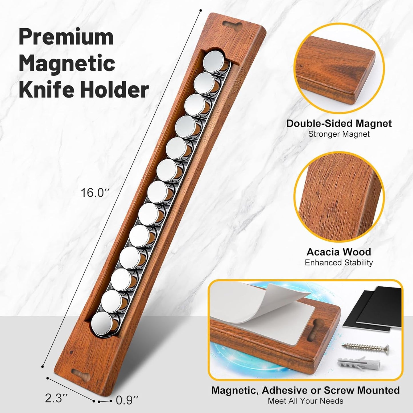 Soporte magnético de cuchillos de 16 pulgadas para pared de madera de acacia