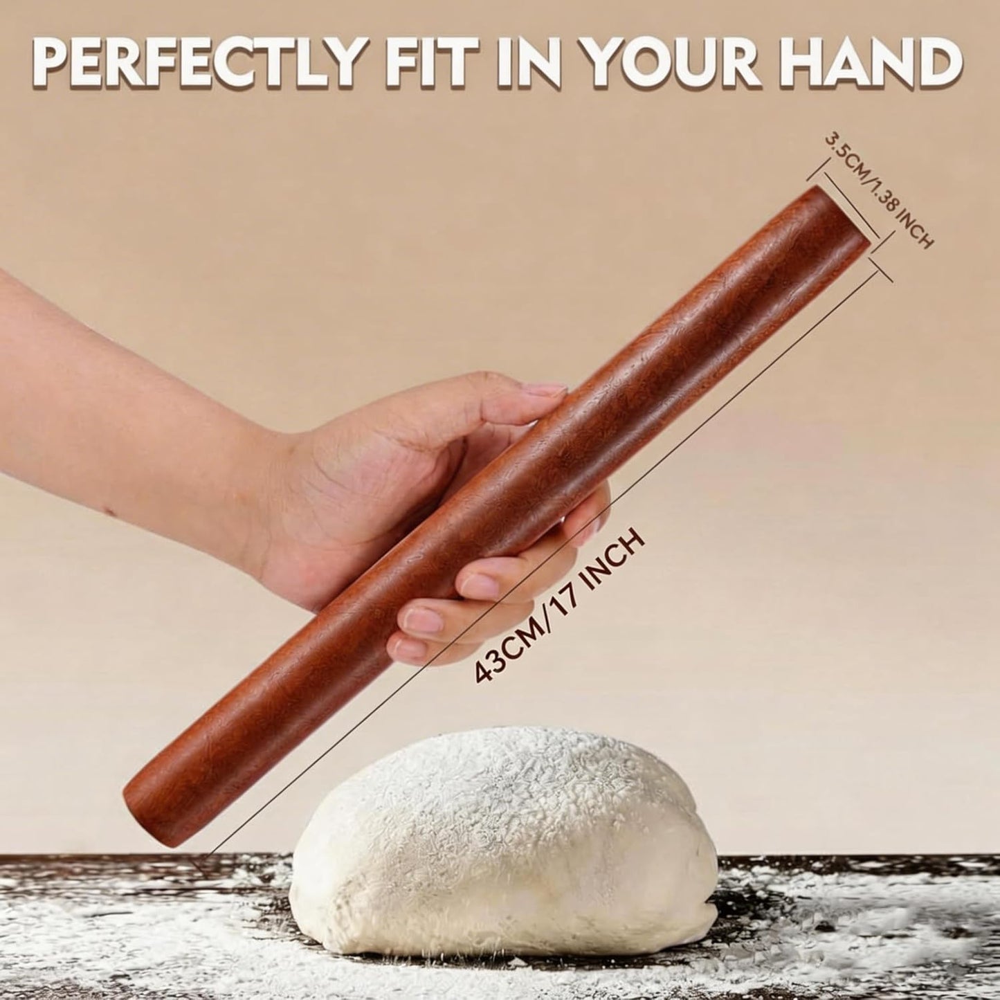 Rodillo madera 17pulg antiadherente para hornear pizza fondant