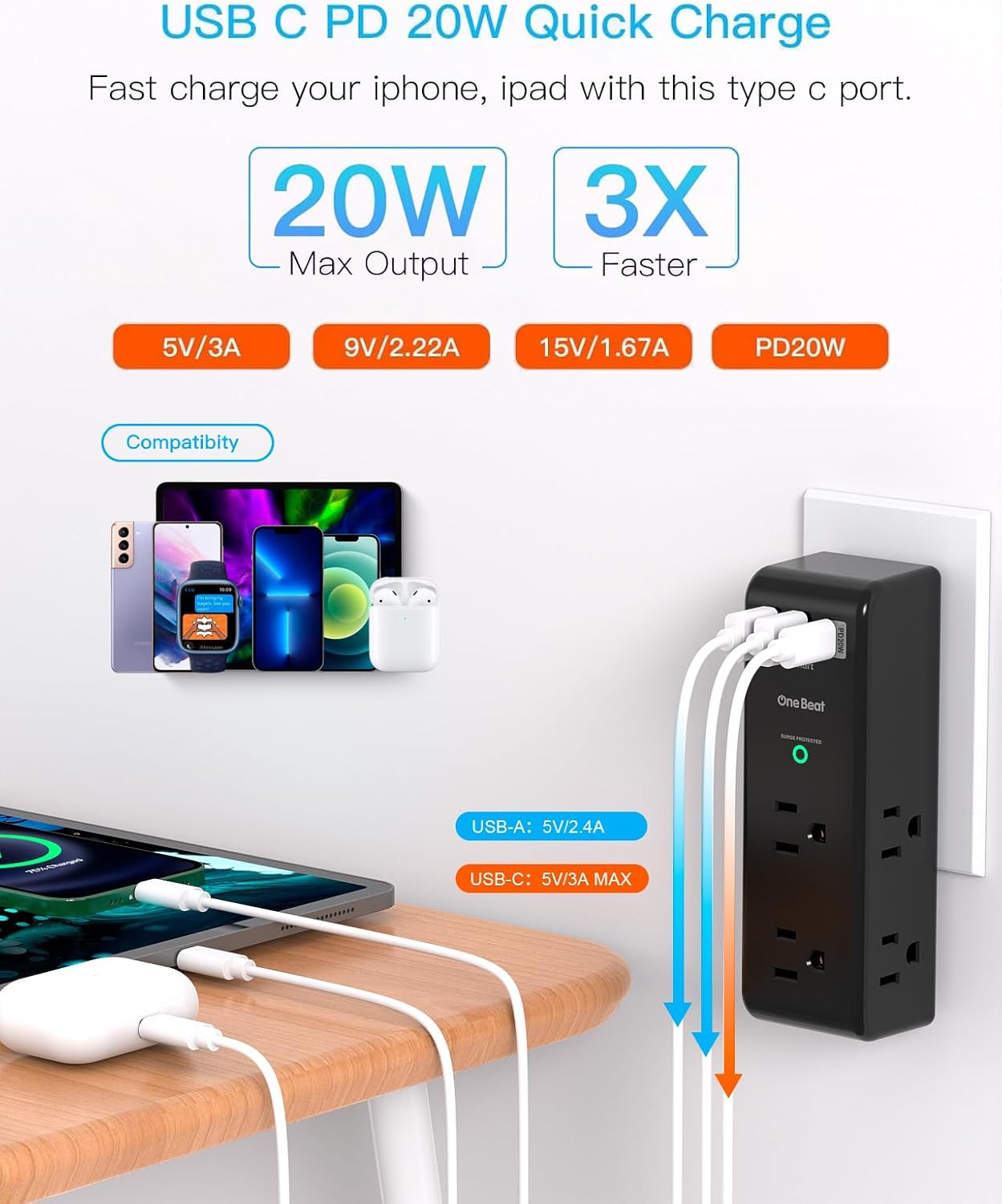 Extensor tomacorriente PD20W con 6 enchufes y 3 puertos USB