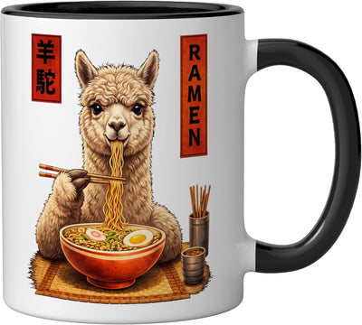 Taza Cerámica Alpaca Ramen Anime Kawaii Negro/Blanco