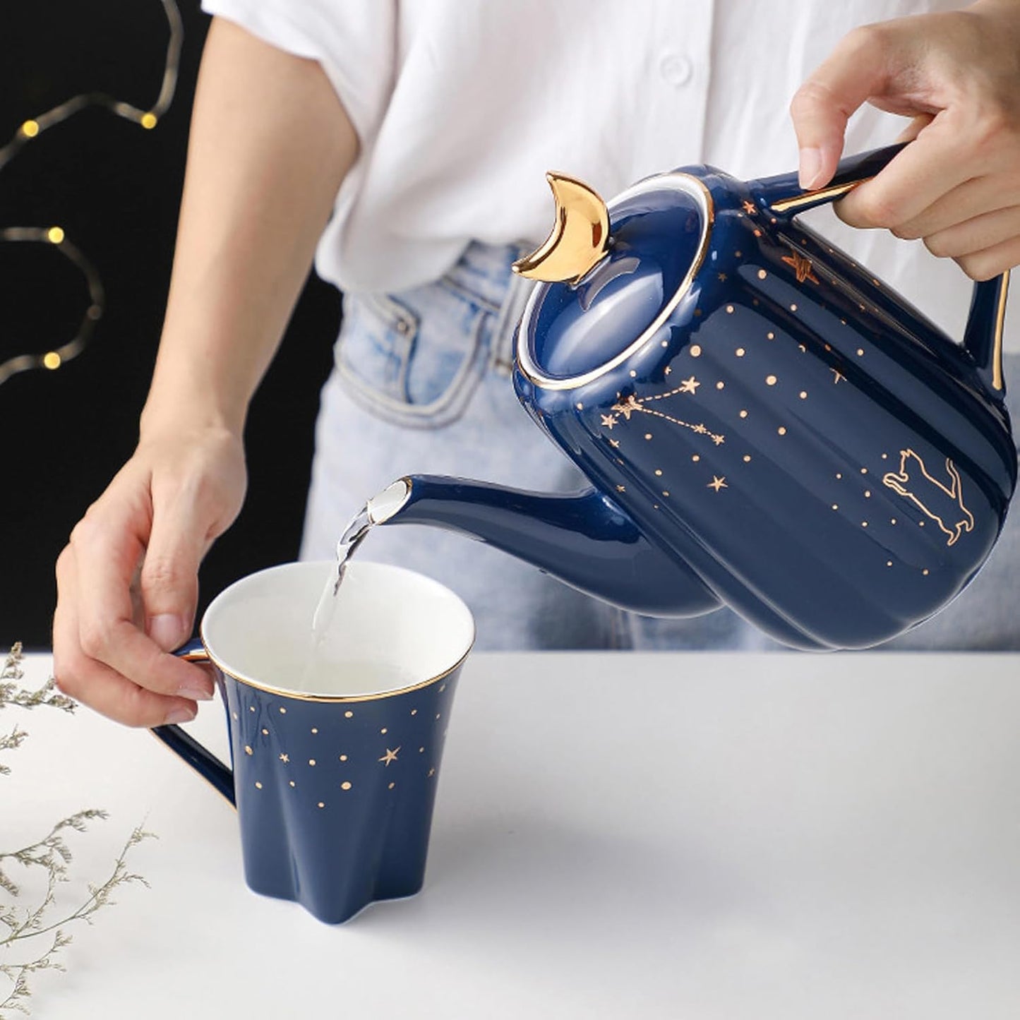 Juego té cerámica tetera y tazas 6oz azul