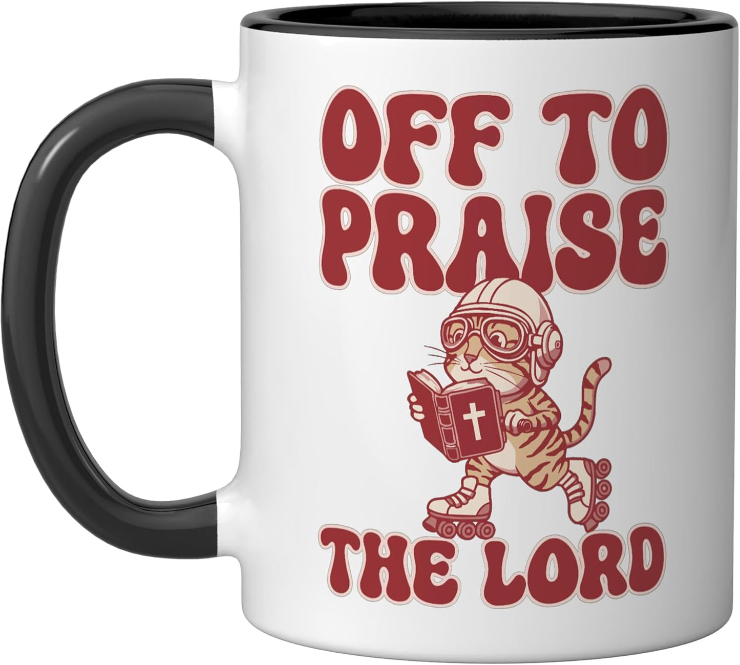 Taza vintage de cerámica para gato tabby con diseño de patineta y texto 'Off To Praise The Lord'