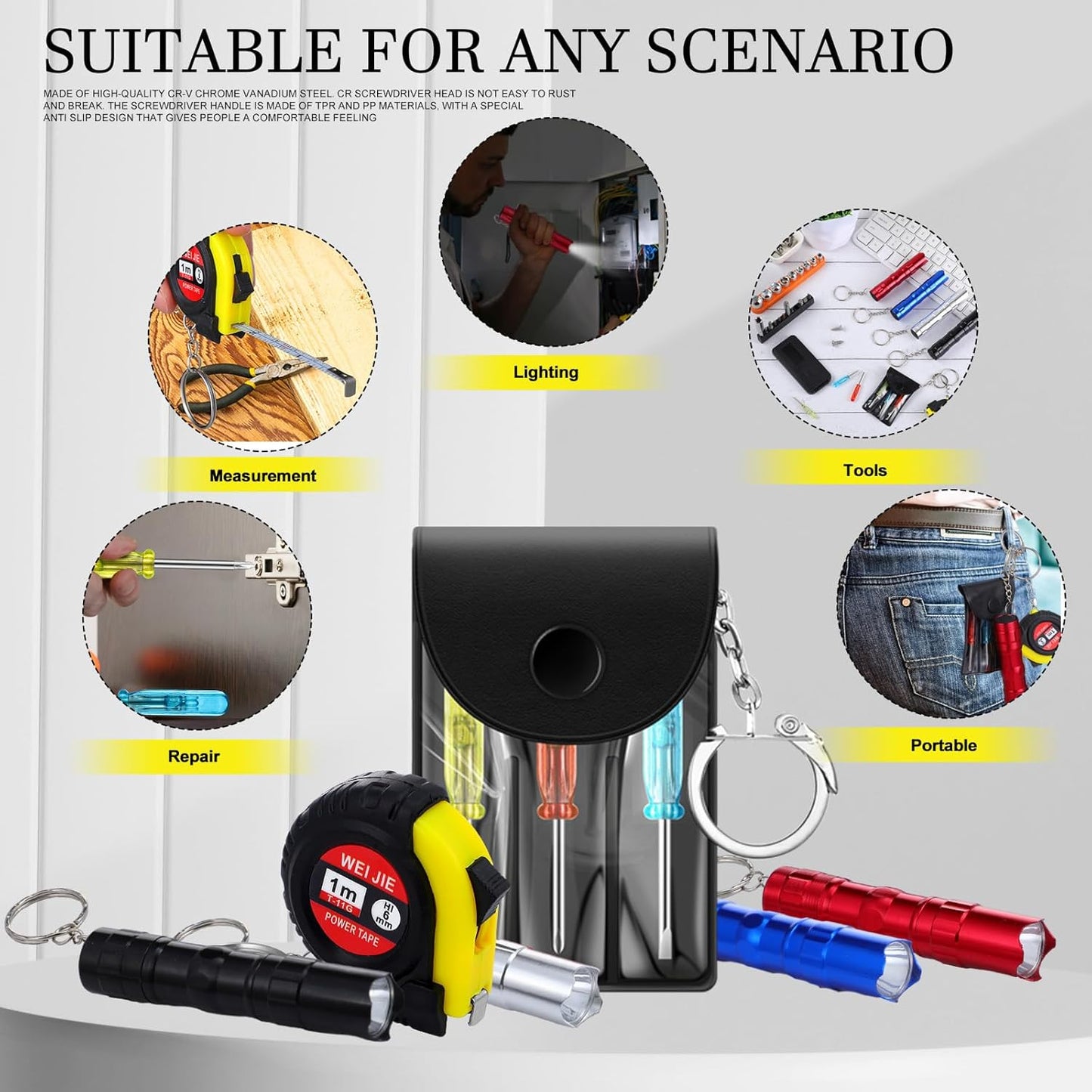 Set 12 Llaveros Cinta Métrica con Destornillador Led Regalo Hombres