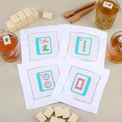 Servilletas de cóctel de lino bordadas Mahjong, posavasos reutilizables 6 pulgadas para fiesta