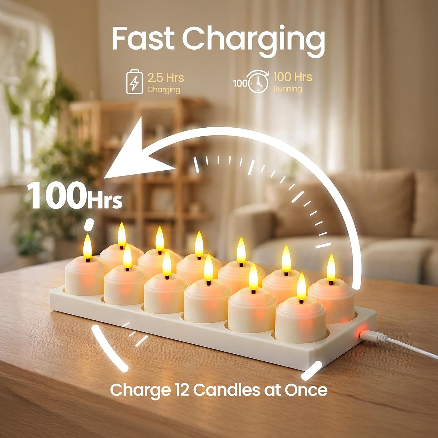 Juego 12 velas LED recargables con estación carga marfil