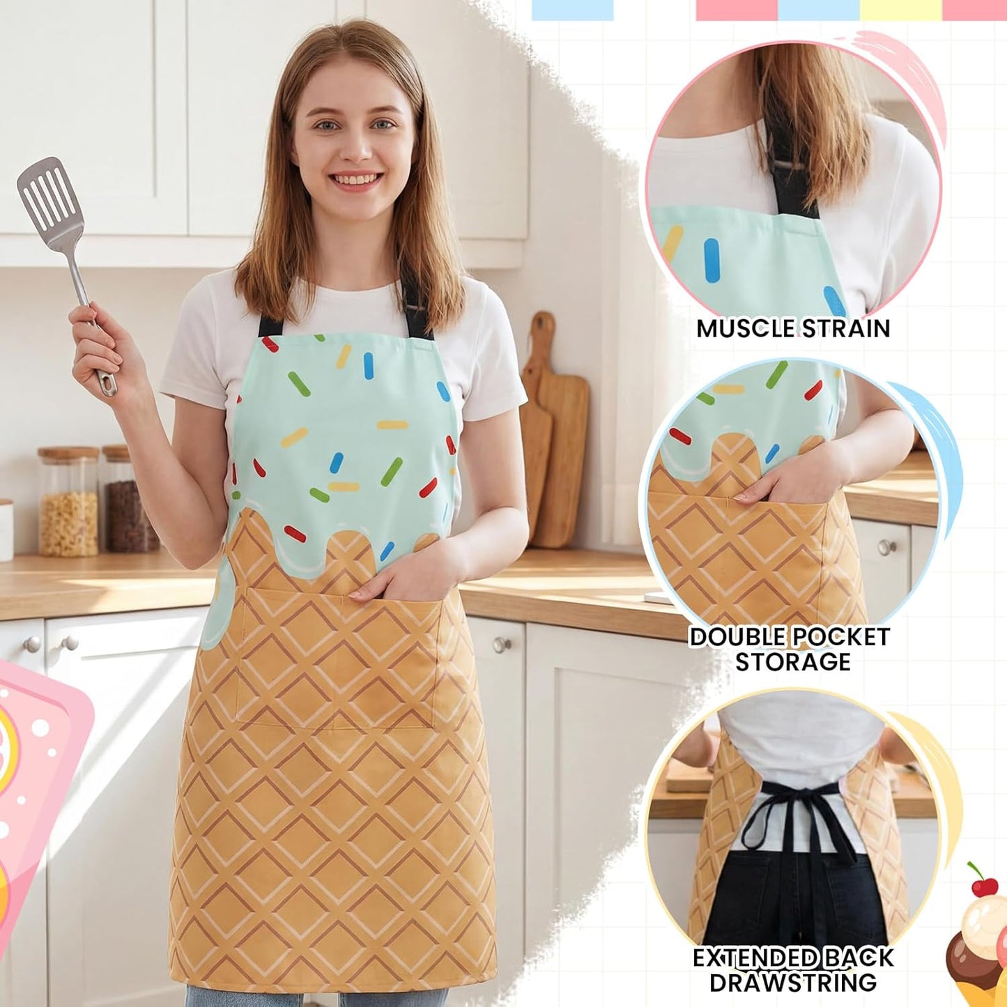 Delantal de helado para mujer con cuello ajustable y bolsillos unisex
