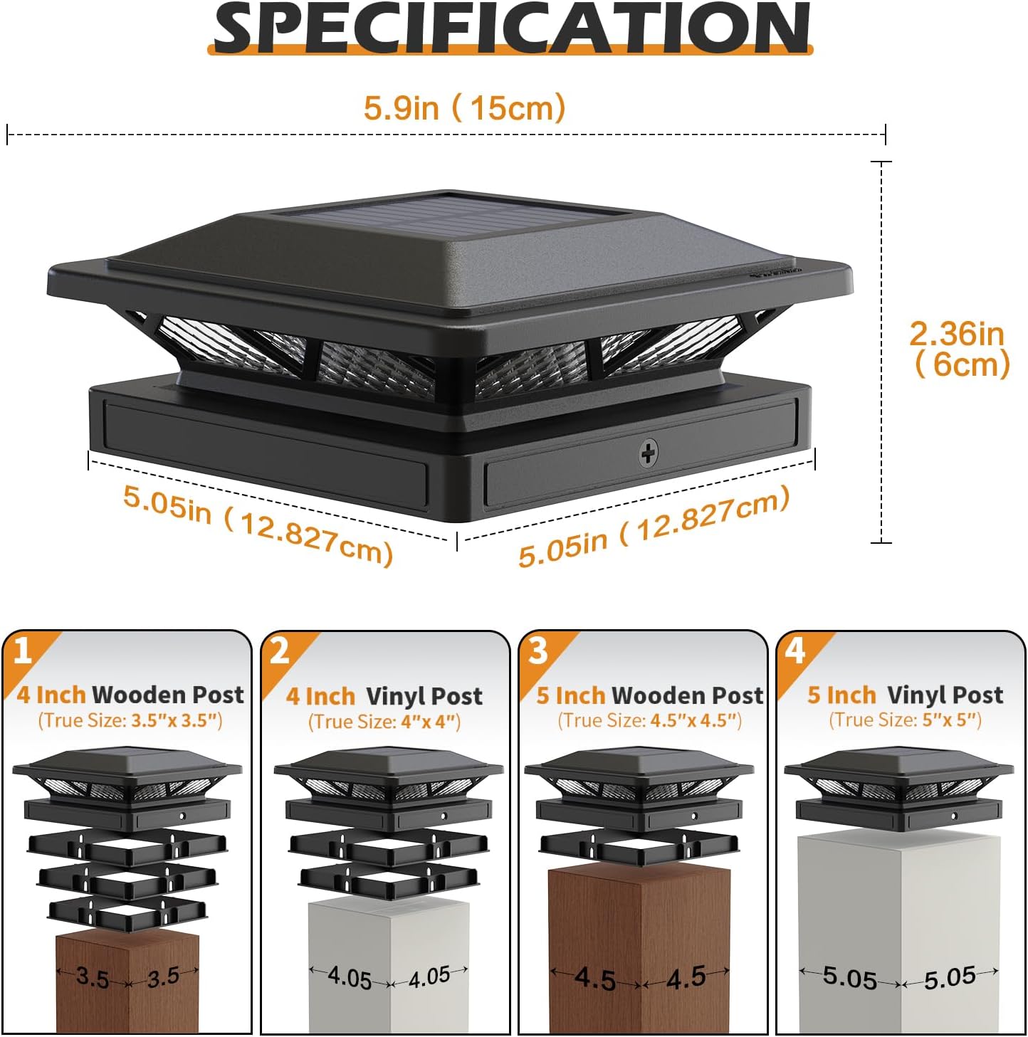 Luz solar para tapa poste 3.5x3.5 a 5x5 pulg impermeable