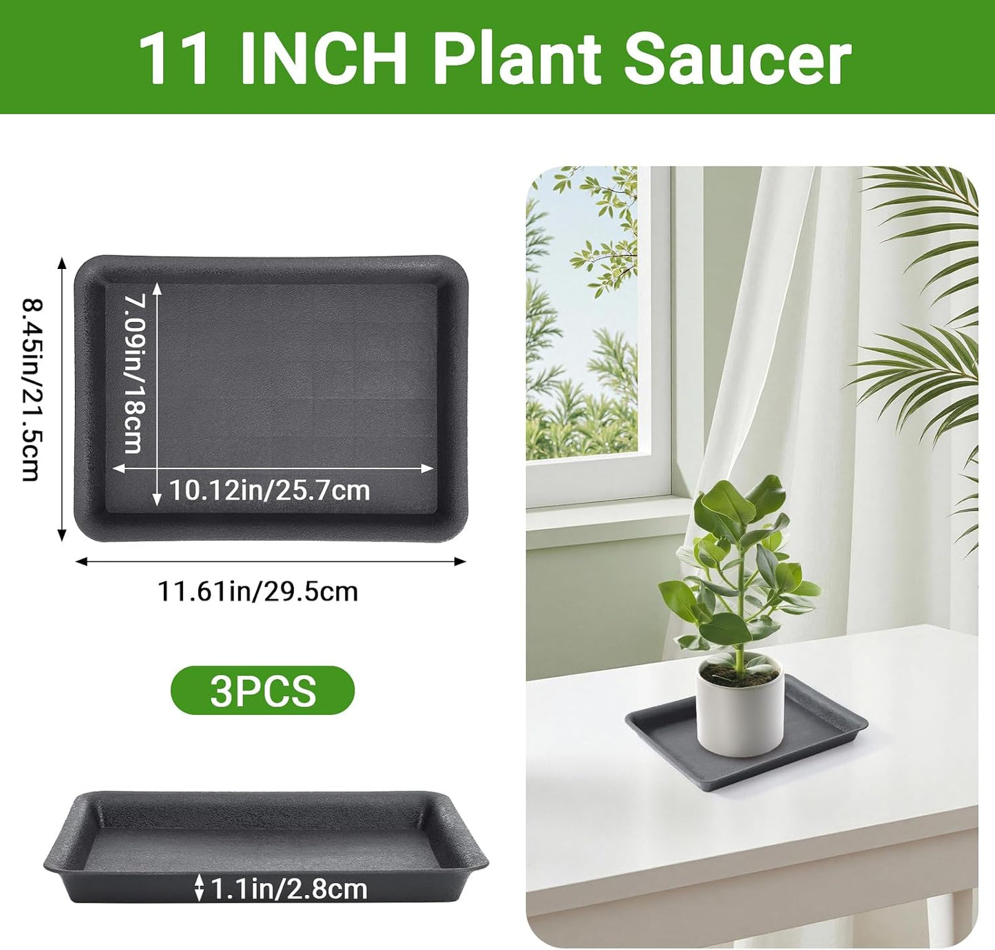 3 Pack Bandeja Plantas Rectangular Negra 11pulg Resistente
