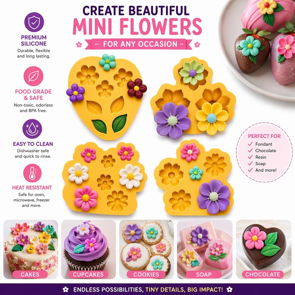 Juego de moldes de silicona para chocolate, resina y fondant