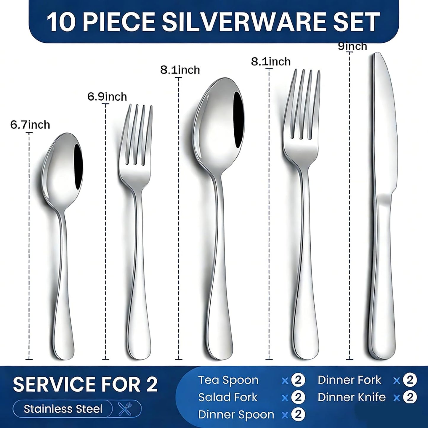 Set 10 Pzas Cubiertos Acero Inox para 2