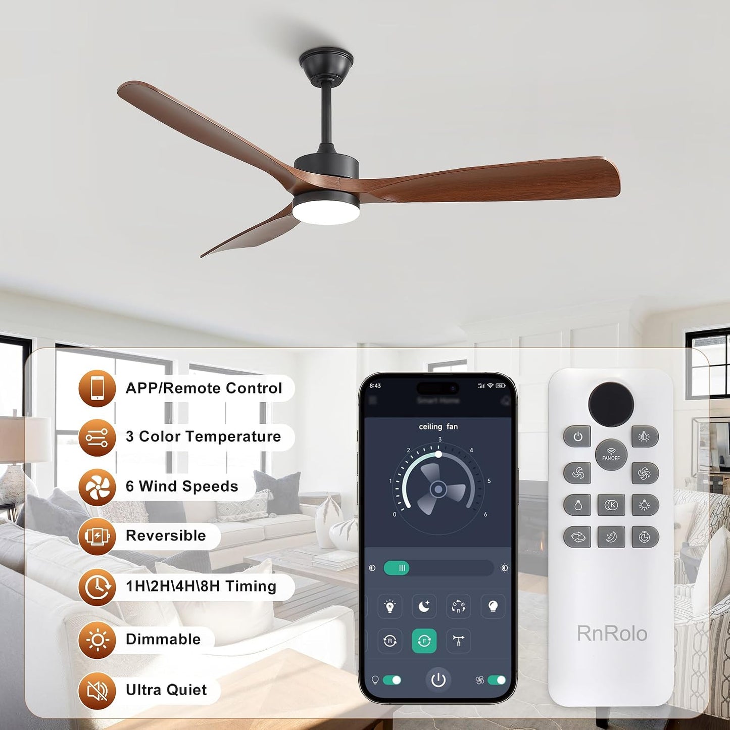 Ventilador techo 60pulg luz control APP 3 tonos 6 vel