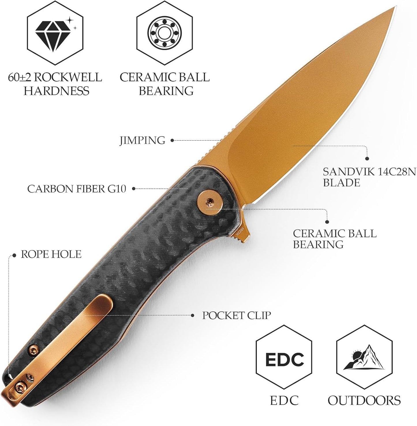 Cuchillo plegable acero 14C28N 2.9pulg hoja oro rosa