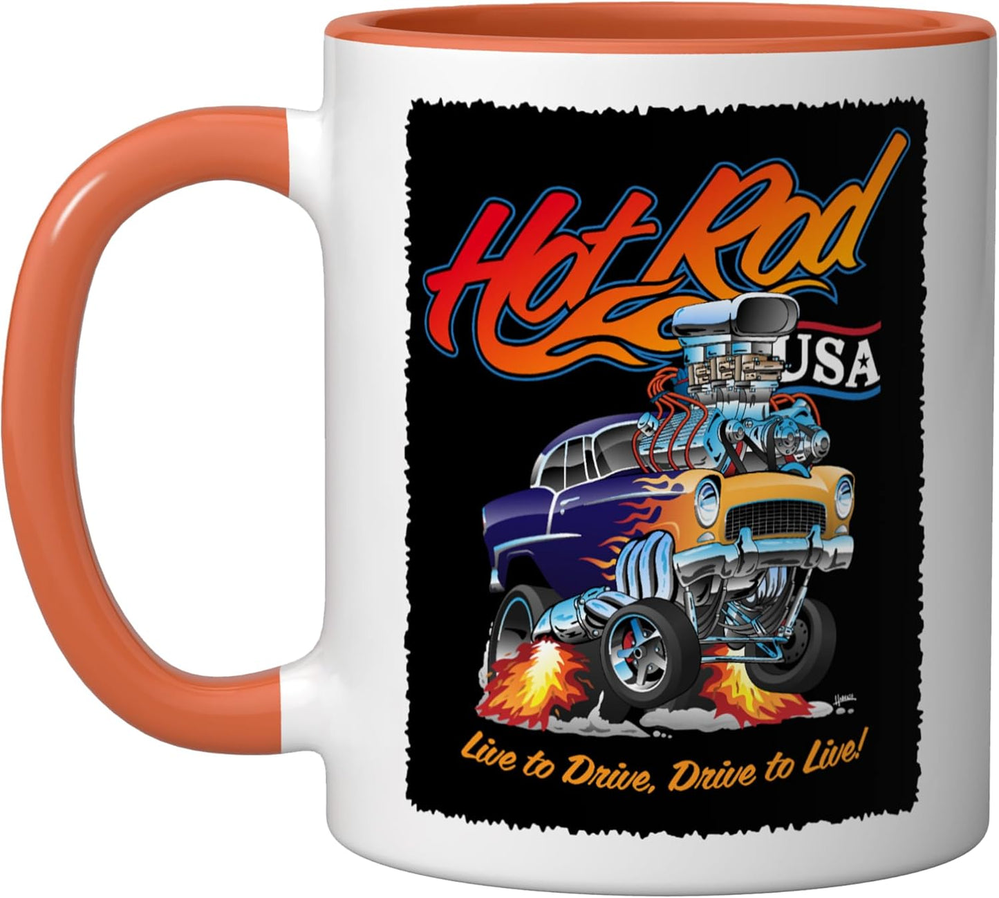 Taza cerámica Hotrod USA Diseño clásico retro muscle car dragster naranja/blanco