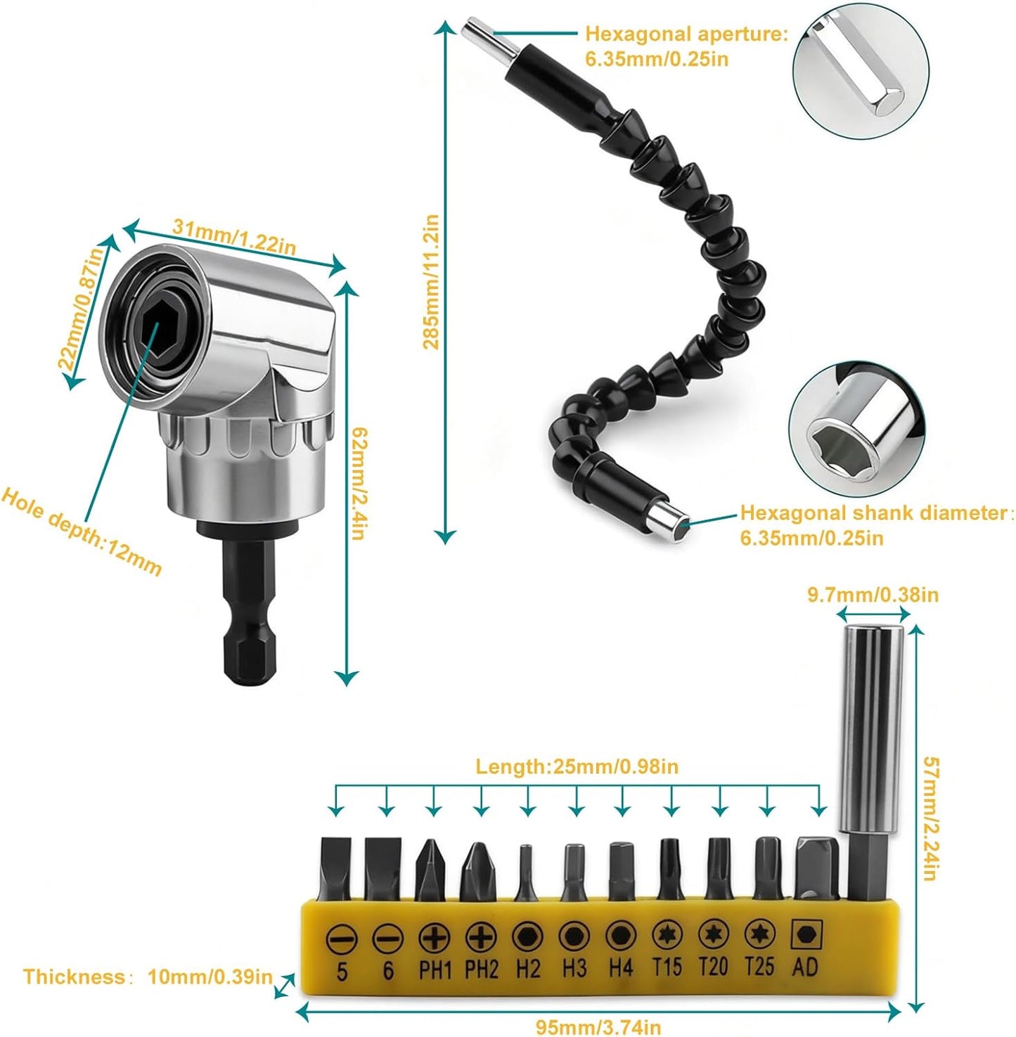 Set 14 Brocas Flexibles 1/4pulg 12 Puntas Cortas