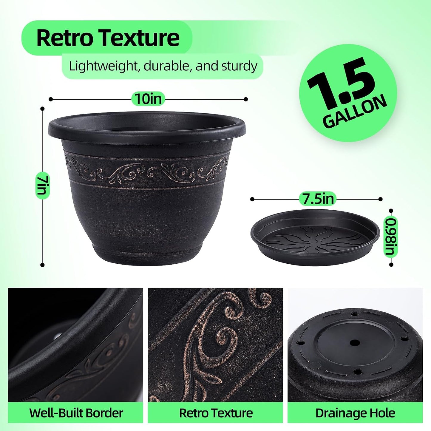 Macetas retro 10pulg set 3 plástico con orificio drenaje