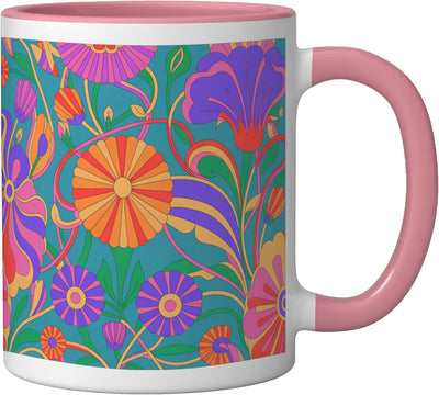 Taza cerámica floral colorida estilo 60s 70s rosa/blanco