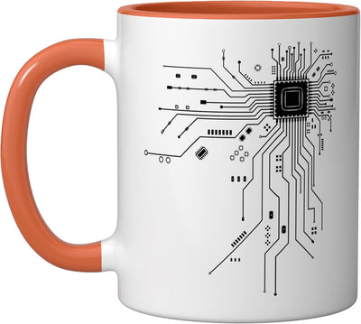 Taza de cerámica para geek informático con diseño de placa madre y chip CPU en naranja/blanco