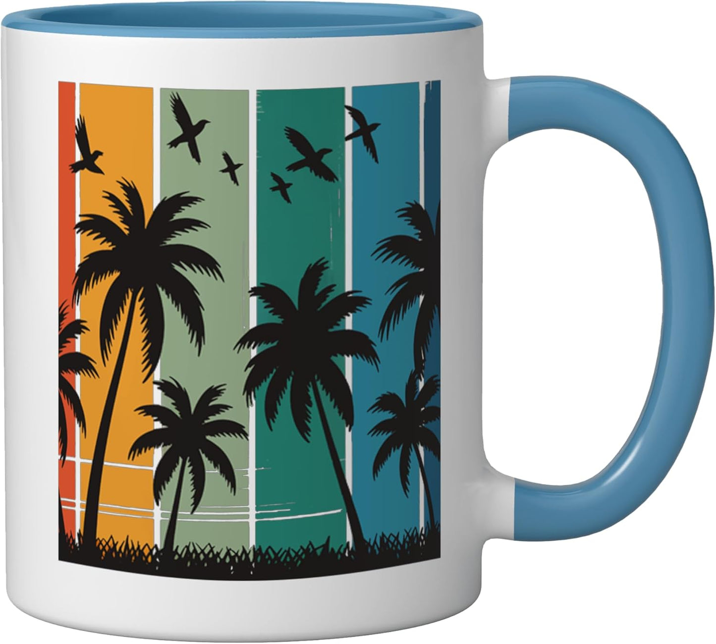 Taza cerámica retro de palma con atardecer azul/blanco