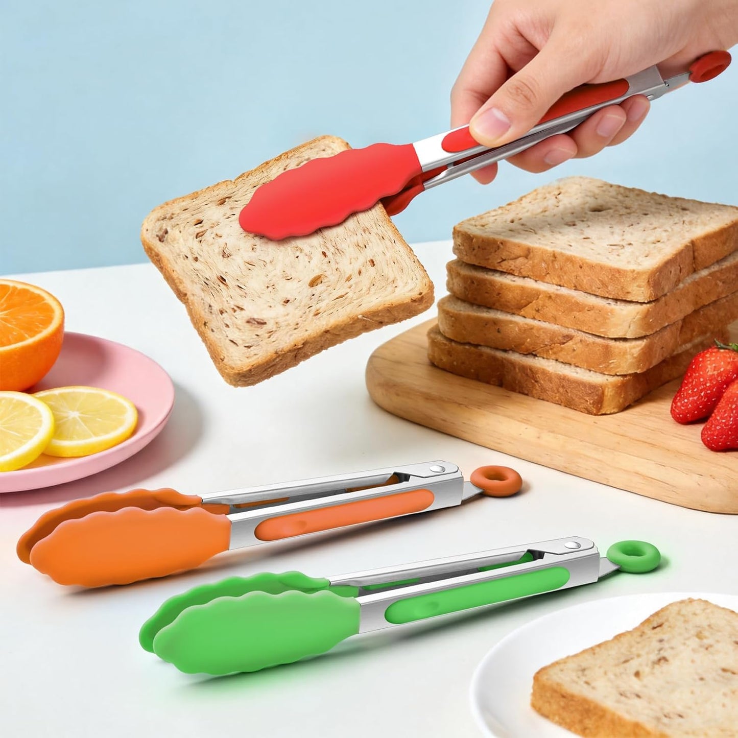 Pinzas silicona 7pulg set 6 acero inox con puntas colorido
