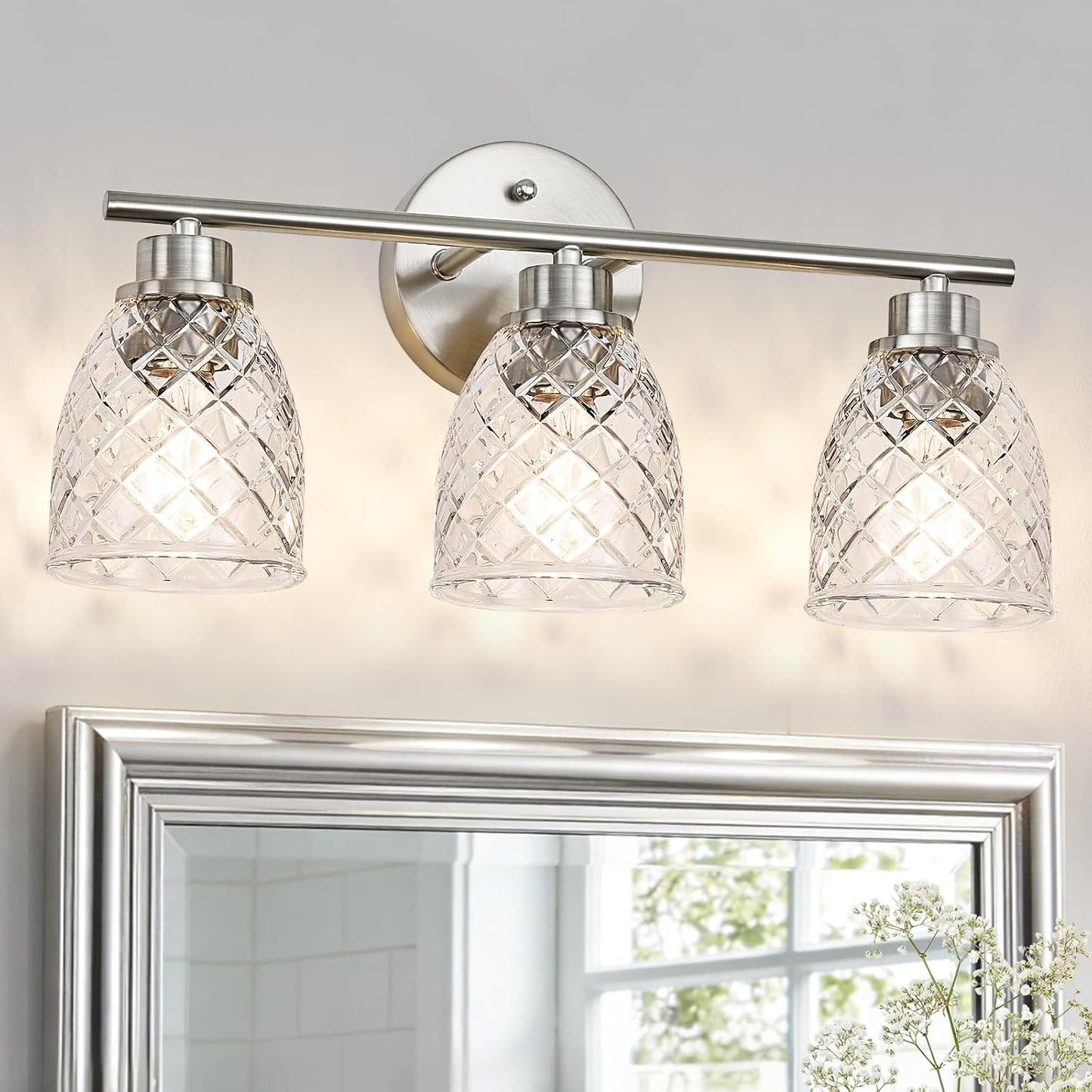 Lámpara baño 3 luces níquel cepillado vidrio martillado