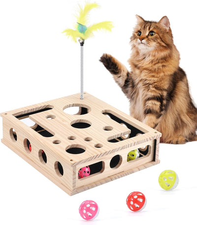 Caja interactiva para gatos con rompecabezas y juguetes