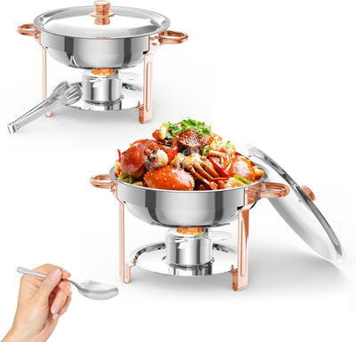 2 Pzas Plato Bufé Acero Inox 5qt Con Tapa Vidrio Oro Rosa