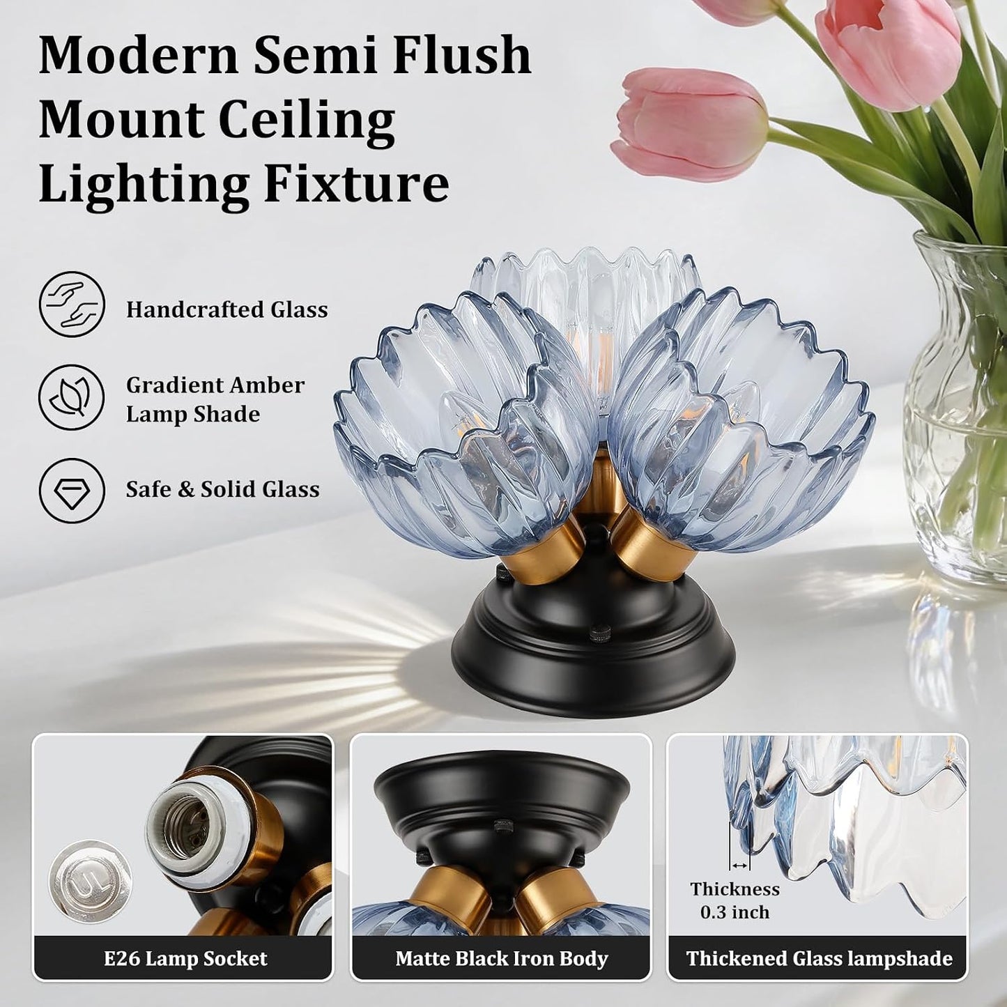 Lámpara techo 3 luces tulipán azul moderna