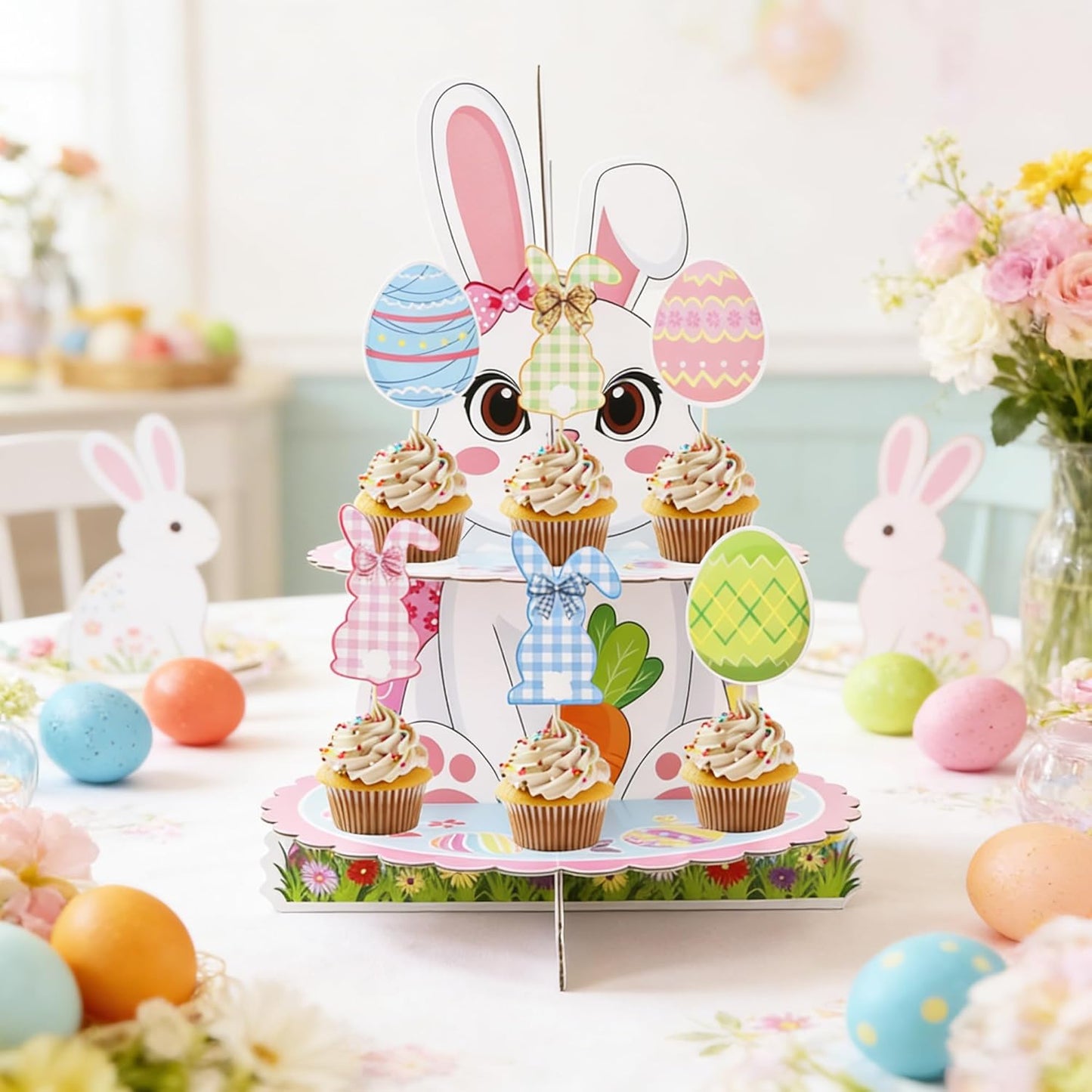 Soporte cupcakes conejo Pascua 2 niveles 16 piezas adornos