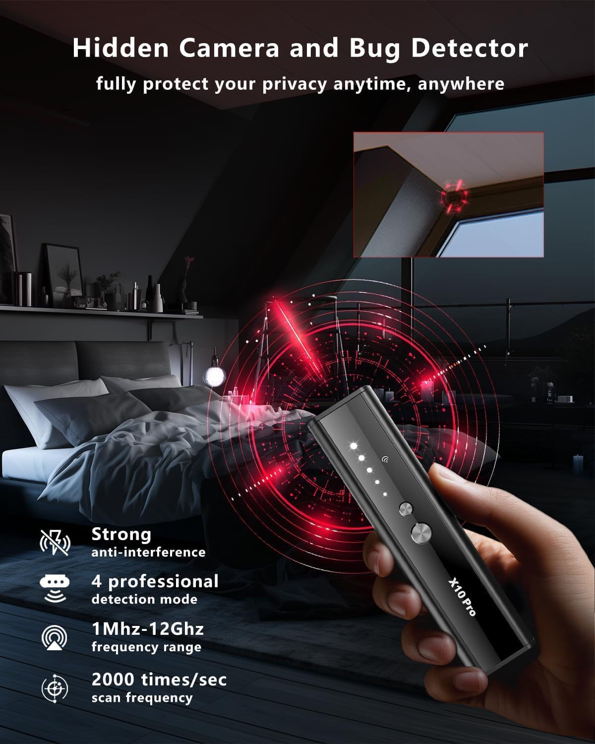 Detector camara oculta con pantalla linterna para viajes