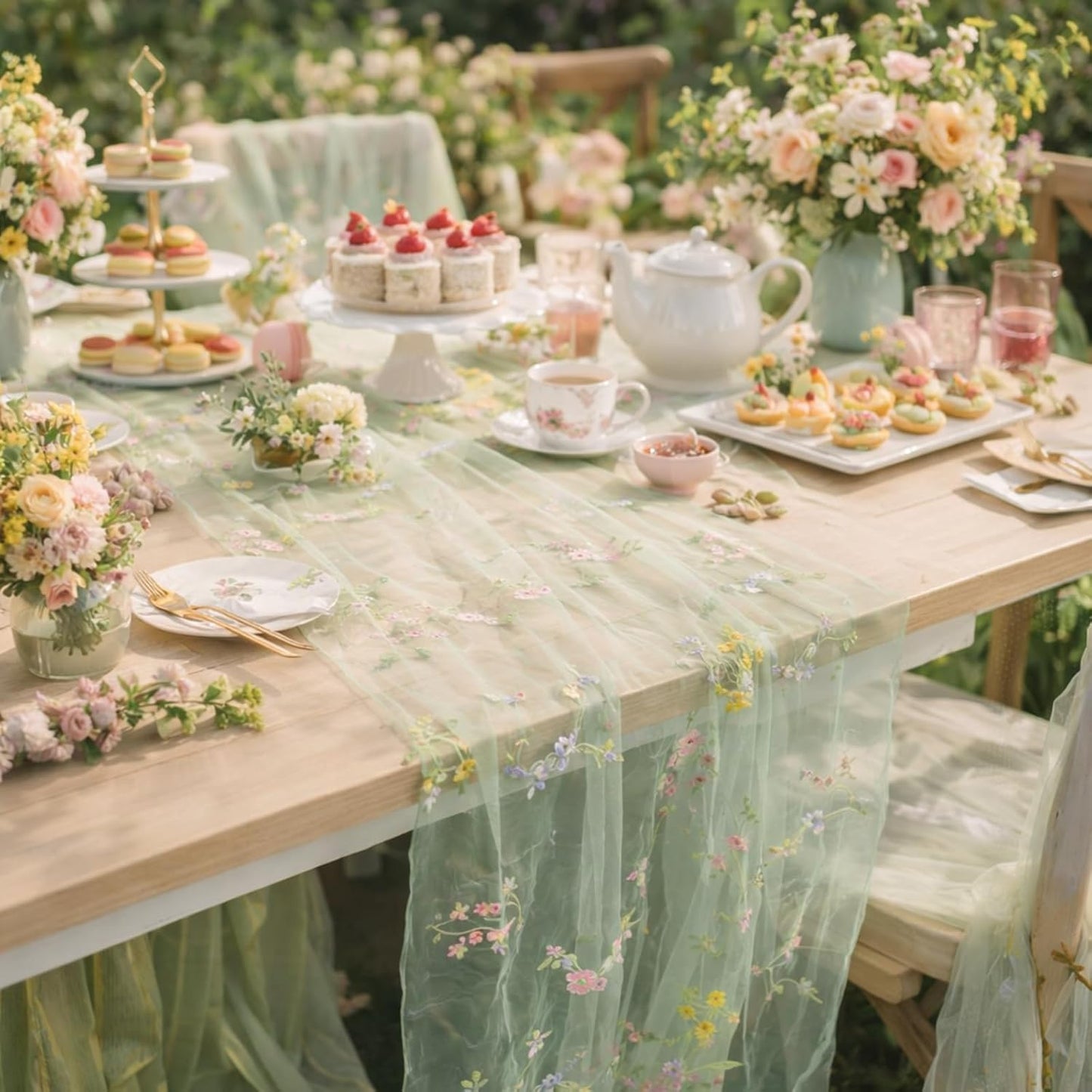 Camino de mesa de flores verdes 9.8 pies tela tul decoracion bodas fiestas