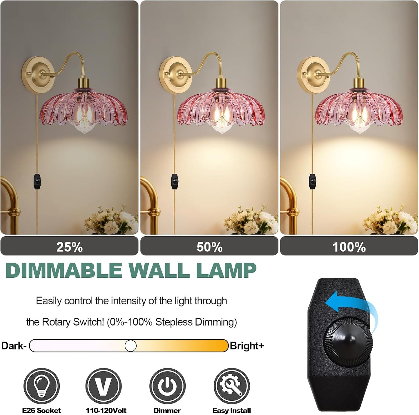 2 Pzas Apliques Pared Vidrio Flores Cable Regulable