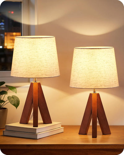 Juego 2 lámparas mesa base madera perlado oscuro pantalla beige
