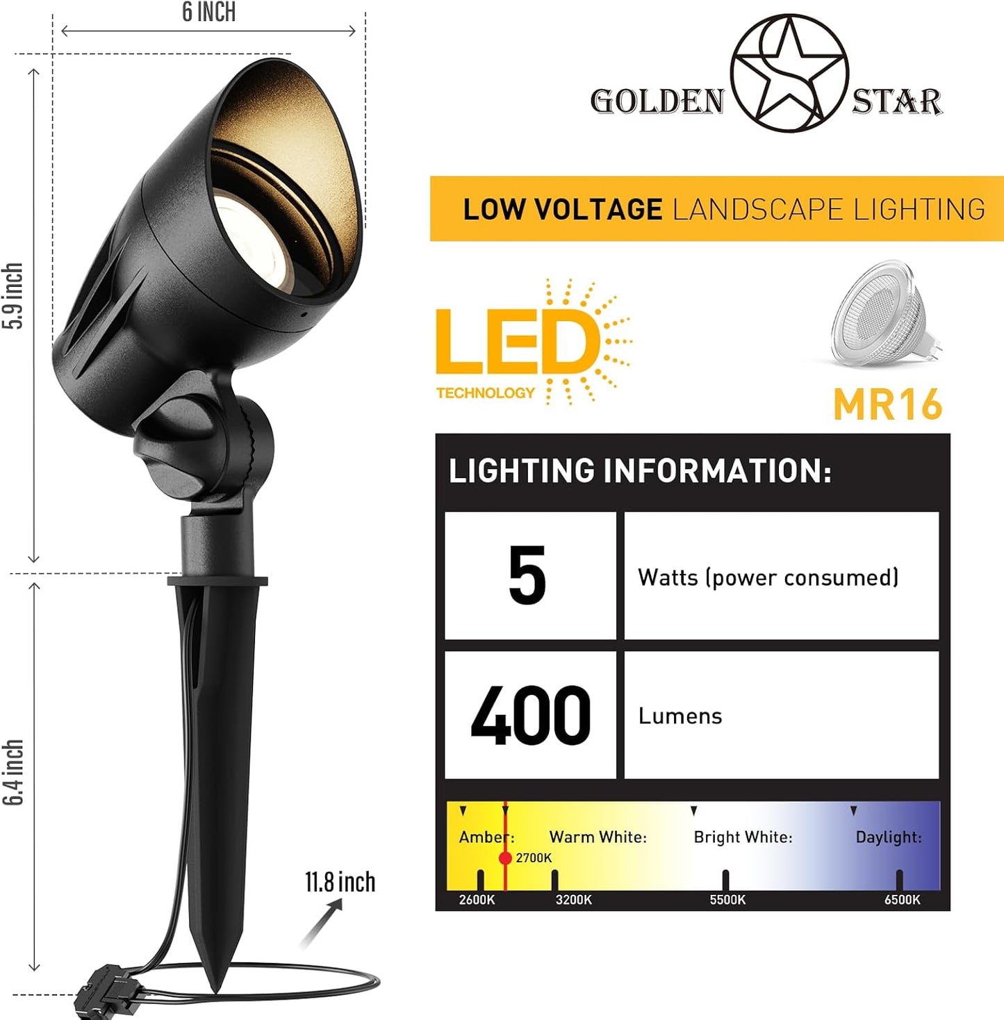 Foco LED 12V 5W 400lm blanco cálido con estaca y conector