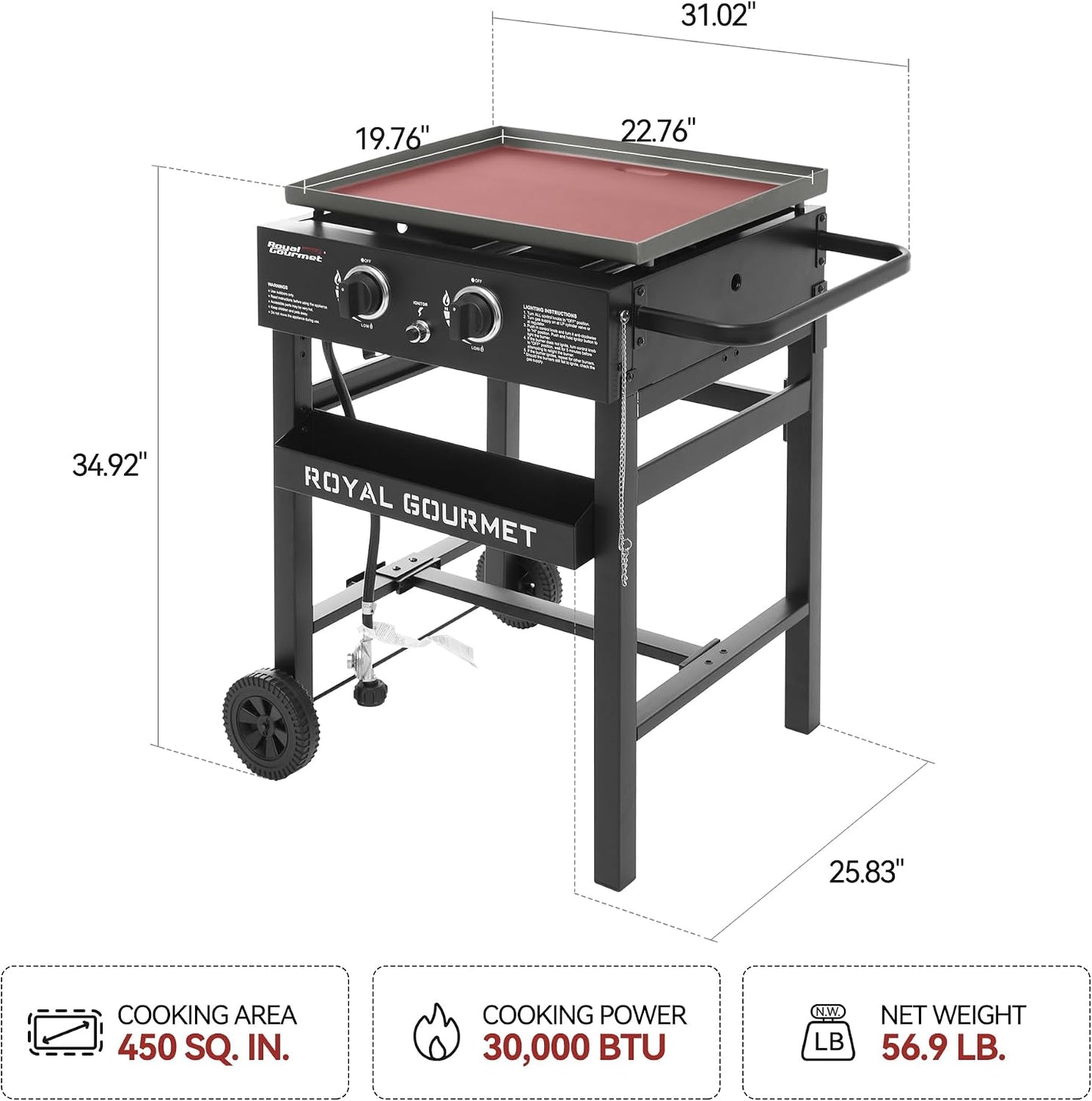 Parrilla gas propano 2 quemadores 23pulg negro