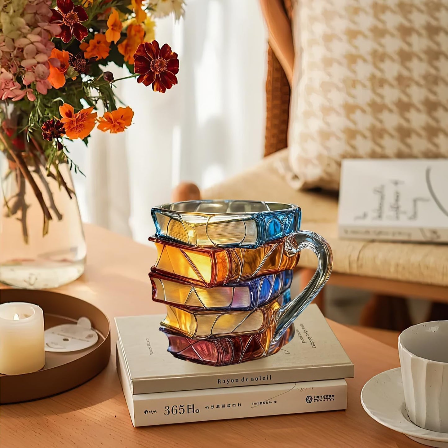Taza de café pintada en 3D con diseños de libros únicos