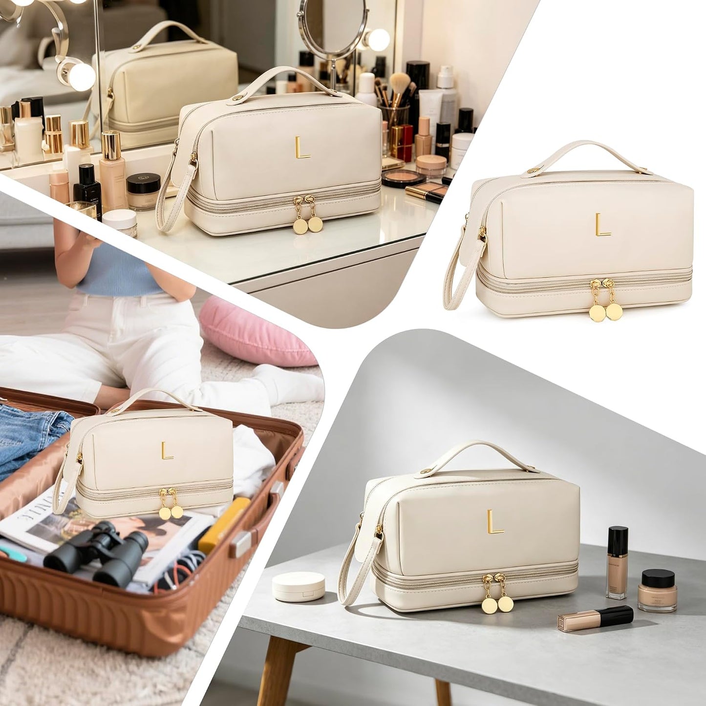 Bolsa maquillaje viaje doble capa con organizador brochas