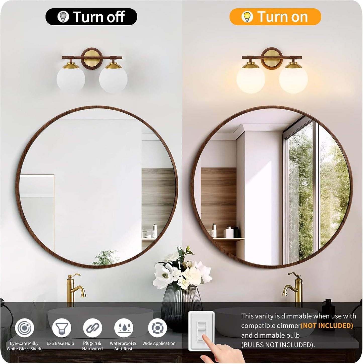 Lámpara baño nogal 2 luces ETL sobre espejo 15pulg